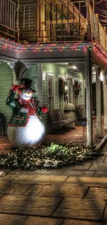 Snowman with festive lights on a cozy porch at night.