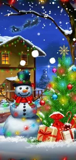 Festive snowman and Christmas tree under snowy night sky wallpaper.