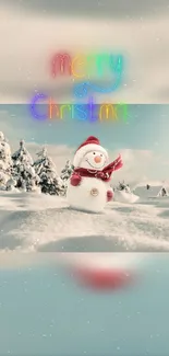 Merry Christmas wallpaper featuring a snowman on a snowy landscape.