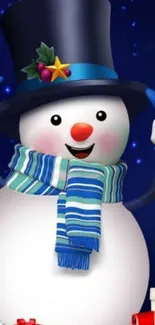 Cheerful snowman wallpaper with gifts.