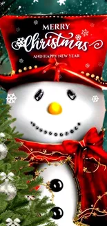 Snowman with red scarf and hat, Christmas background.