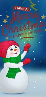 Snowman with festive red and green holiday greetings on a blue background.