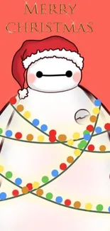 Christmas snowman with lights and Santa hat on a red background.