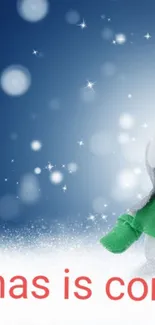 Snowman in green scarf with snowy background, festive design.