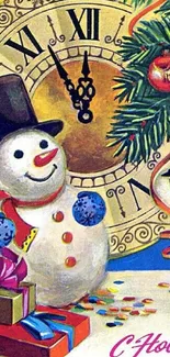 Festive snowman with clock and Christmas decorations on a colorful holiday wallpaper.