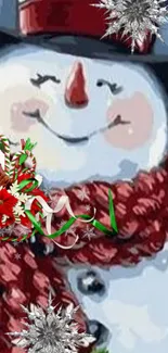 Festive snowman with red scarf and holiday decorations