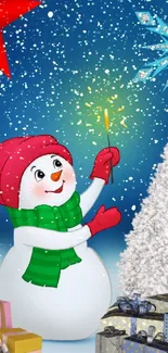 Cheerful snowman with gifts in festive winter scene.