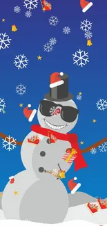 Whimsical snowman with snowflakes on blue background.