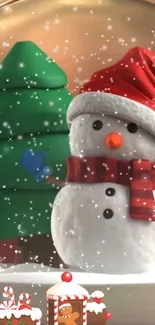 Snowman with red hat and scarf next to a Christmas tree, surrounded by snow.