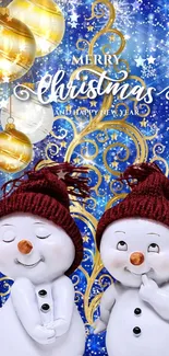 Festive Christmas wallpaper featuring snowmen, ornaments, and a starry blue background.