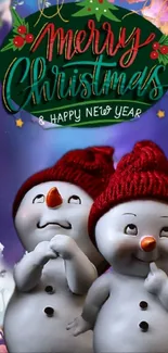 Festive wallpaper with snowmen wishing Merry Christmas and Happy New Year.