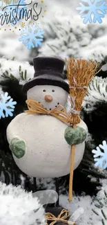 Charming snowman with broom amid snow-covered branches and blue snowflakes.