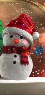 Festive snowman with red hat and scarf, surrounded by twinkling stars.