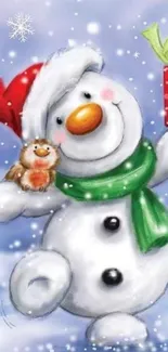 Charming snowman with a gift and festive background.