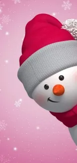 Festive snowman with pink background and snowflakes for mobile wallpaper.