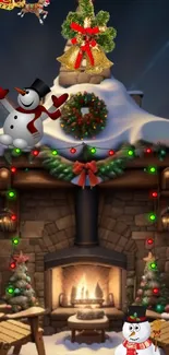 Christmas snowman by the cozy fireplace with festive lights.