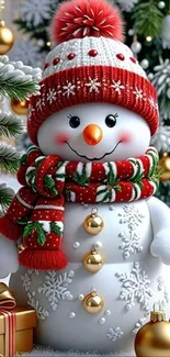 Festive snowman with a hat and scarf surrounded by gifts and ornaments.