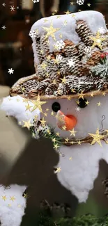 Charming snowman with pinecone hat and stars in festive winter setting.