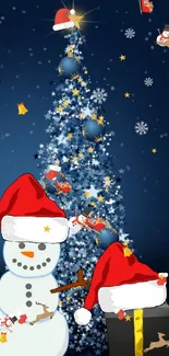 Festive snowman and Christmas tree under starlit sky wallpaper.