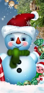 Cheerful snowman with holiday decorations, candy cane, and snowflakes.