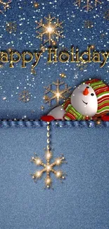 Festive holiday wallpaper with a snowman and denim background.