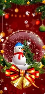 Festive snowman and ornaments wallpaper in vibrant holiday colors.