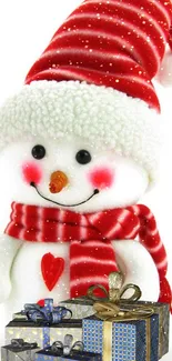 Cheerful snowman with red hat and gift boxes mobile wallpaper.