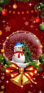 Festive mobile wallpaper with snowman in snow globe and Christmas decor.