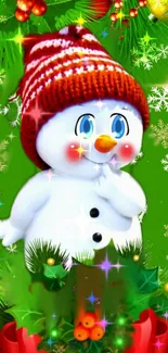 Festive snowman with Christmas decorations on green background.