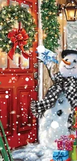 Festive snowman with gifts by a red door, surrounded by holiday decor.