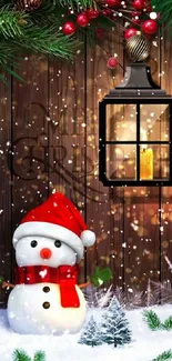 Festive snowman with lantern and holiday decorations.