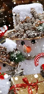 Festive snowman holiday mobile wallpaper with gifts and snowflakes.