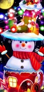 Colorful snowman holiday scene wallpaper.