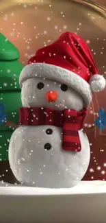 Charming snowman with red Santa hat and scarf in festive snowfall scene.