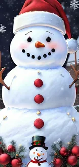 Cheerful snowman with Santa hat, red buttons, and festive decorations.