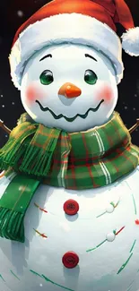 Cheerful snowman with scarf and Santa hat in festive winter scene.