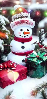 Snowman with gifts and festive lights in snowy background.