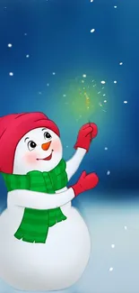 Cheerful snowman in red hat on a snowy blue background.