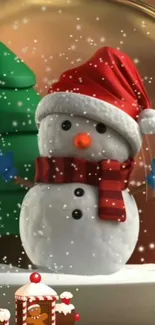 Snowman with red hat and scarf in a festive holiday setting.