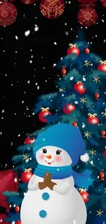 Festive Christmas wallpaper with snowman and decorated tree.