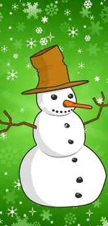 Cheerful snowman illustration with green festive background.