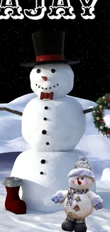 Festive snowman and snow scene with wintery charm.