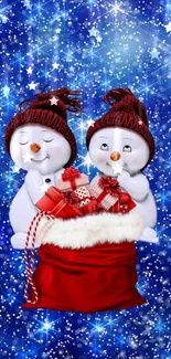 Snowmen with gifts on a starry blue background, festive mobile wallpaper.