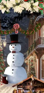 Festive snowman with Christmas decor and seasonal background.