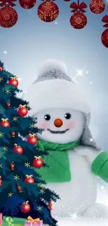 Festive snowman and Christmas tree mobile wallpaper.