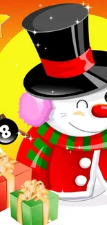 Colorful snowman with presents on holiday wallpaper.