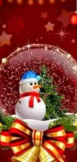 Festive snowman in a snow globe with Christmas ornaments on red background.