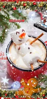 Snowman marshmallow in hot cocoa Christmas wallpaper.