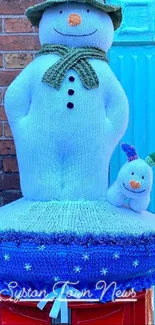 Knitted snowman decor on mailbox with colorful design.