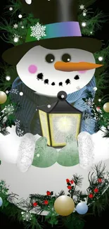 Snowman with lantern and holiday decor mobile wallpaper.